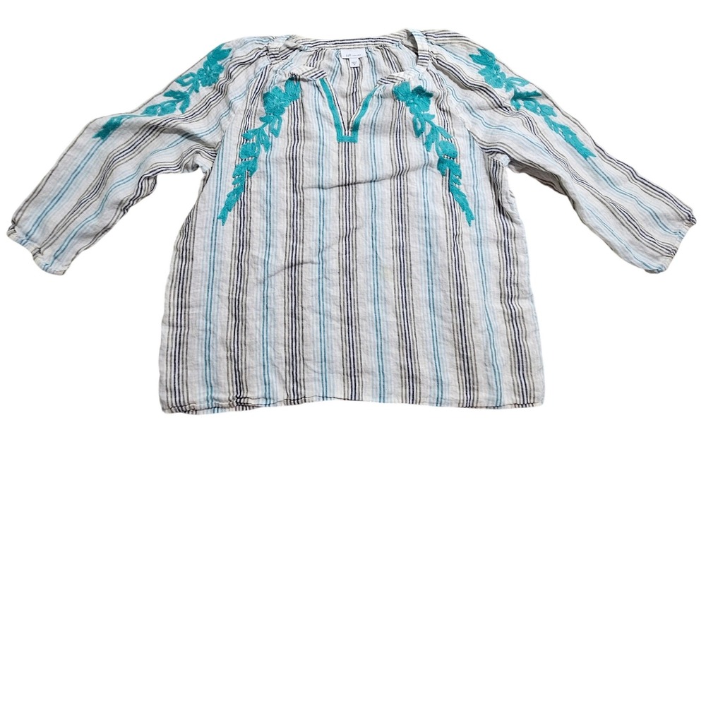J. Jill Love Linen Tunic Women Medium Blue Striped Embroidered Split Neck Top